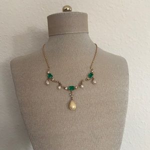 Emerald & Pearl Gold Tear Drop Costume Necklace